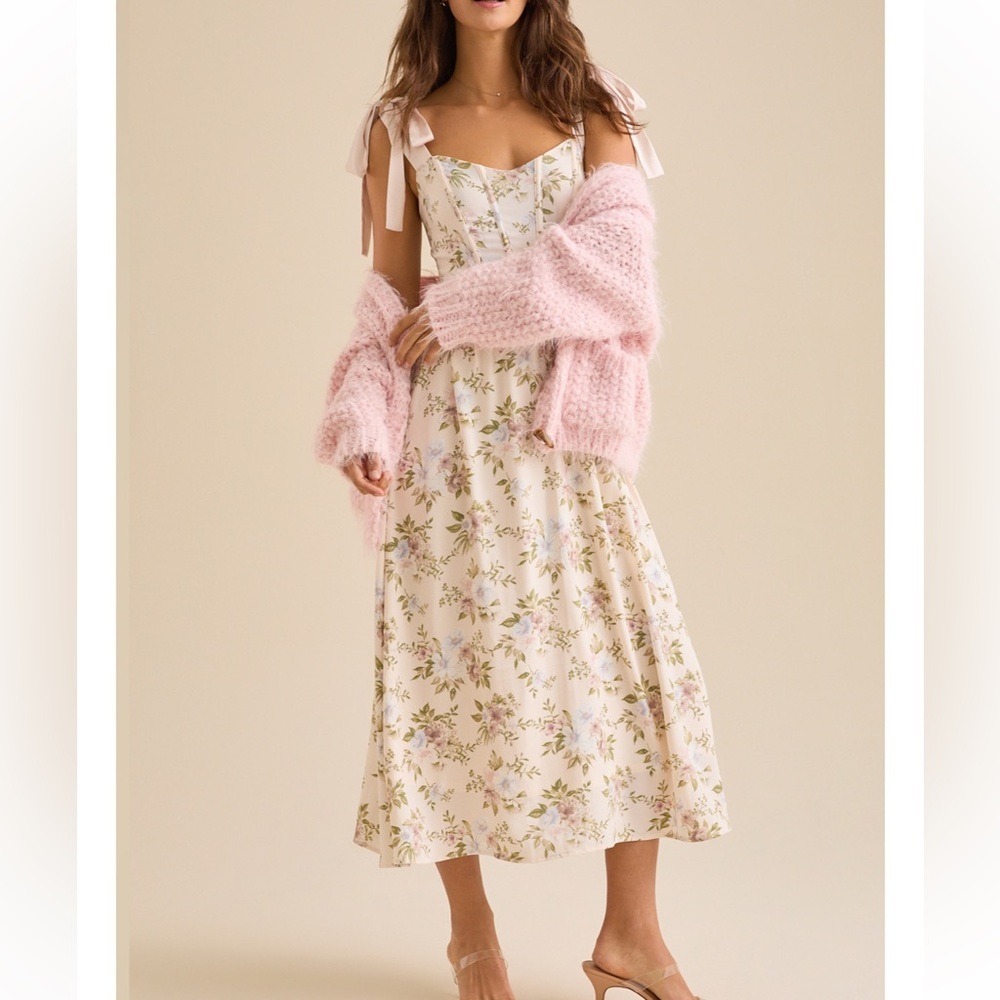 Altar'd State Cream Floral Tie-Shoulder Midi Dress - Picture 3 of 6